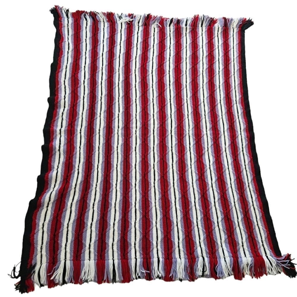 Vintage '70s Red Grey Stripe Diamond Hand Made Crochet Afghan Blanket Throw Full